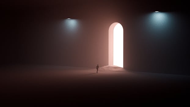 A surreal scene with a silhouetted man approaching a bright arched doorway in a dark room symbol for career transition